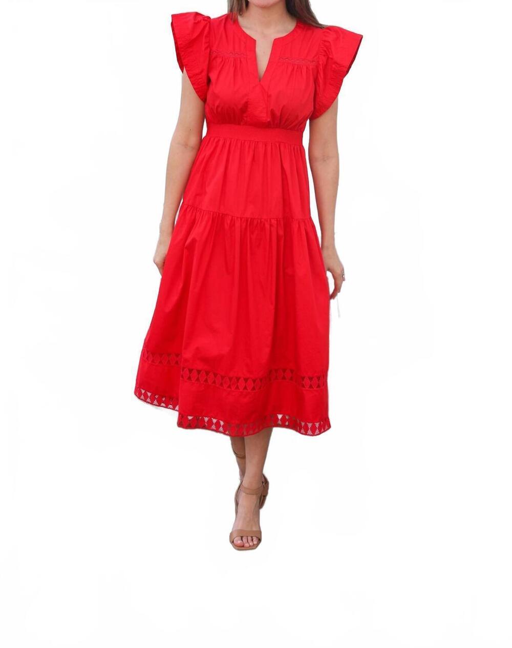 NEW THML ruffled sleeves v-neck tiered midi dress in red